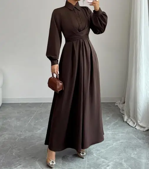 Abito a maniche lunghe abbottonato semplice e alla moda per abbigliamento da donna Autunno e inverno Nuovi abiti maxi eleganti a vita alta femminili 3