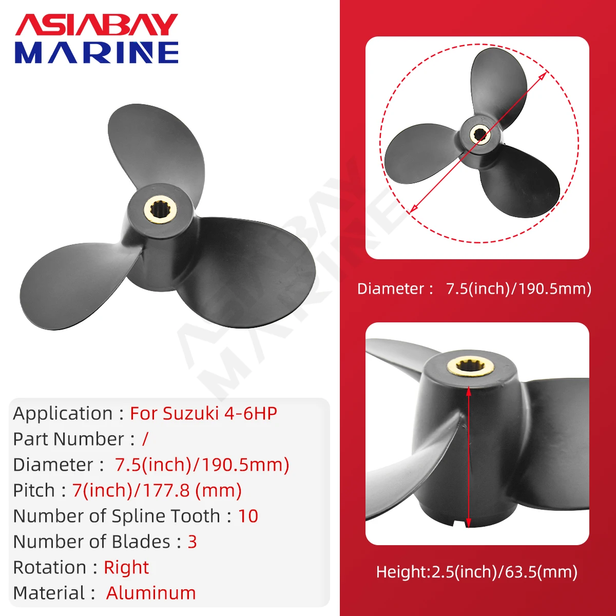 Outboard Propeller For Suzuki 4Hp 6Hp 7 1/2*7 Boat Motor Aluminum Alloy Screw 3 Blade 10 Spline Tooth Ship Marine Engine Parts marine propeller