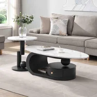 2-Piece Modern Oval Decorative Coffee Table with White Faux Marble Top and Black Metal Base and 1 Drawer, Coffee Table 1