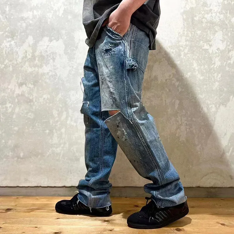 High Street New Saint Jeans Pants Men Woman 1:1 Casual Washed Hole Old Loose Blue Trousers Graffiti Vintage Best Quality 4