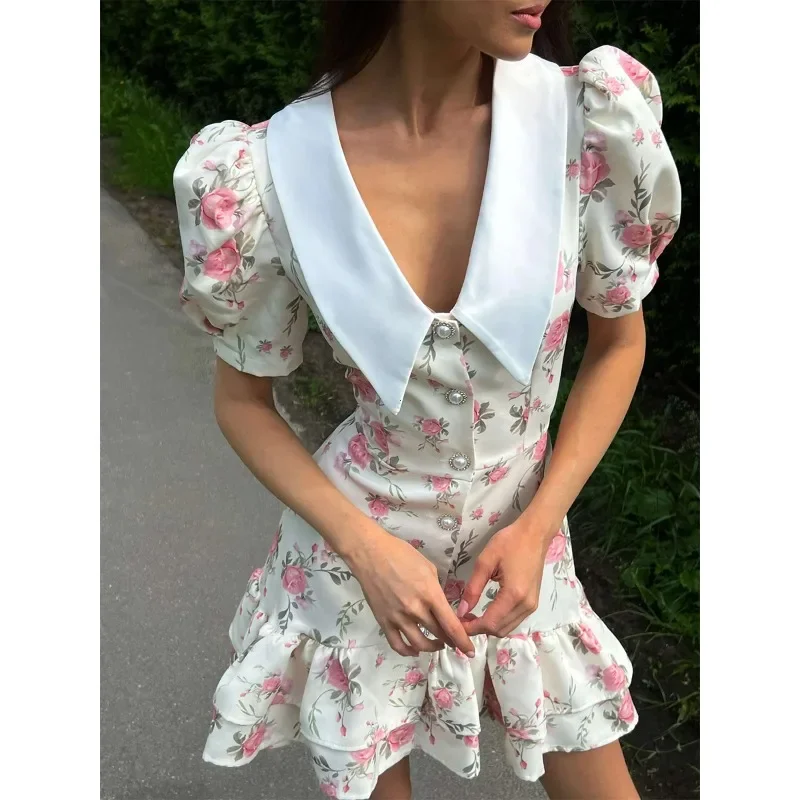 Print Puff Sleeves Ruffled Dress Women's 2025 V-Neck High Waist Pearl Buttons Mini Dress Female Casual Vacation Fashion Dress
