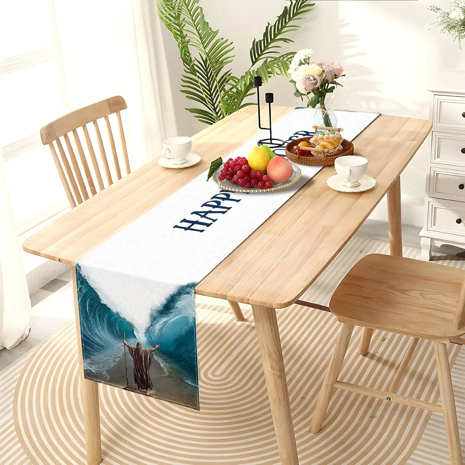 Happy Passover Linen Table Runner Dining Party Decor Moses Divided Parting The Red Sea Jewish Pesach Table Runners Party Decor 2