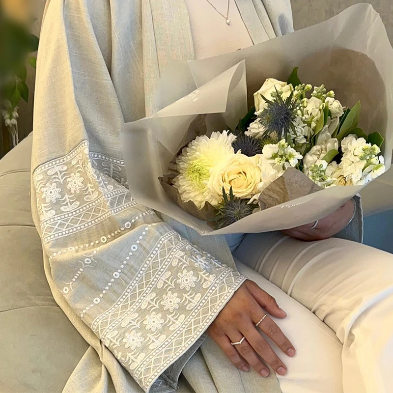 여성용 Eid 자수 무슬림 아바야, 라마단 원피스 모로코 레이스업 아바야스 카프탄 이슬람 가디건, 두바이 아랍 롱 로브 2024