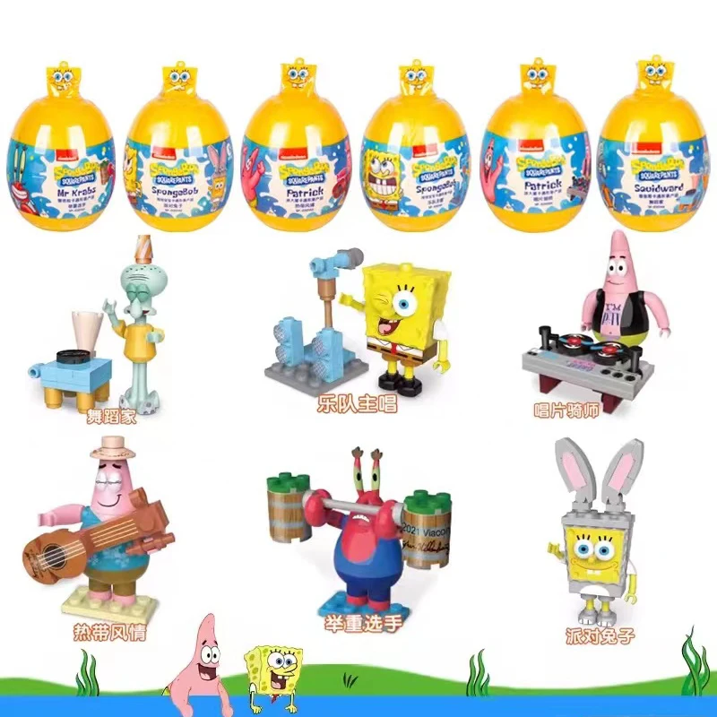 6-1pcs SpongeBob SquarePants Assemble Blocks Mini Twisted Egg Burger Doll Pie Star Crab Boss Children's Toy Birthday Gift