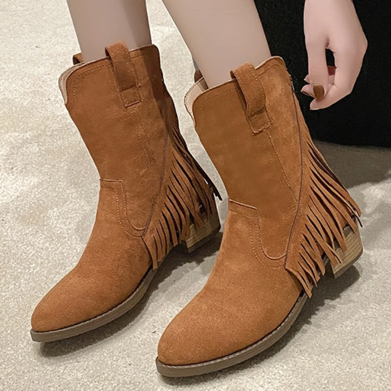 2023 Hot Sale Shoes for Women Zipper Women's Boots Winter Pointed Toe Solid Flock Mid-Calf Chunky Heels Western Tassel Boots