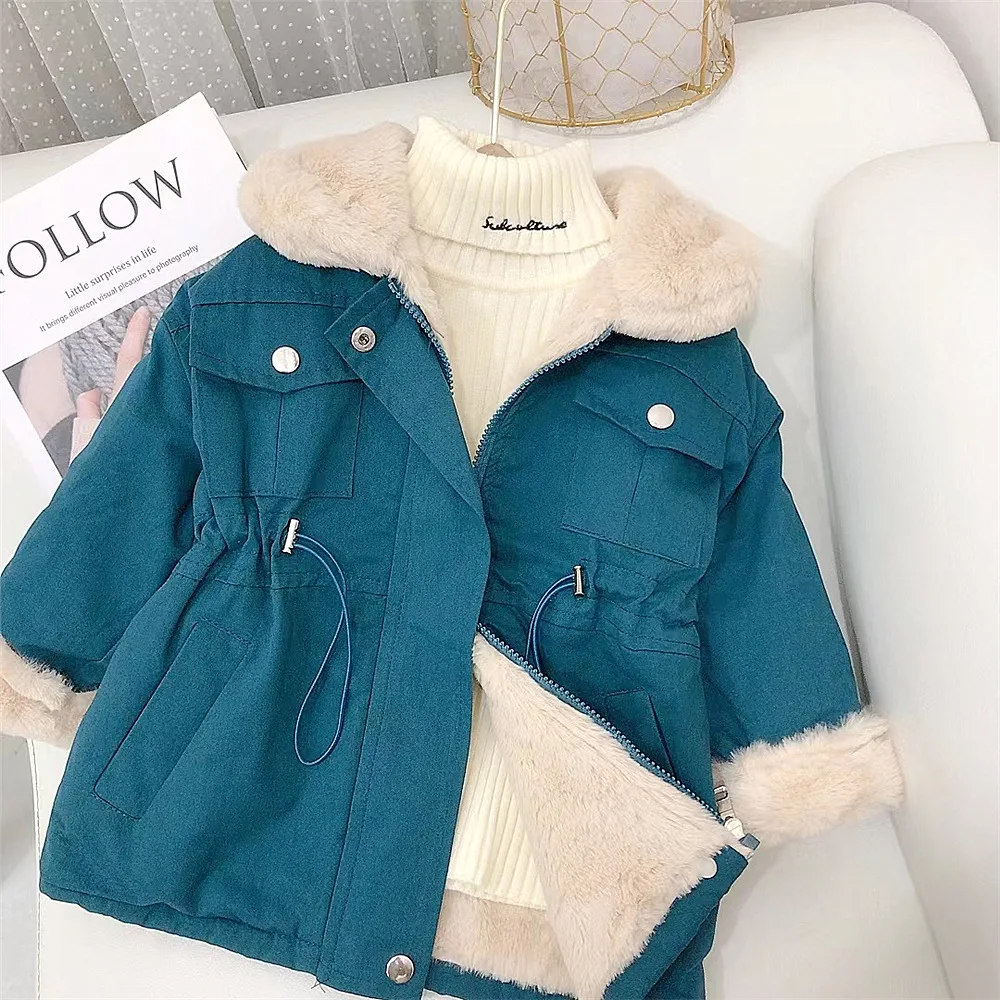 

Fashion Autumn Winter Baby Girls Fur Coats Brown Blue Thick Zipper Down Parkas with Pockets Warm Kids Outwears