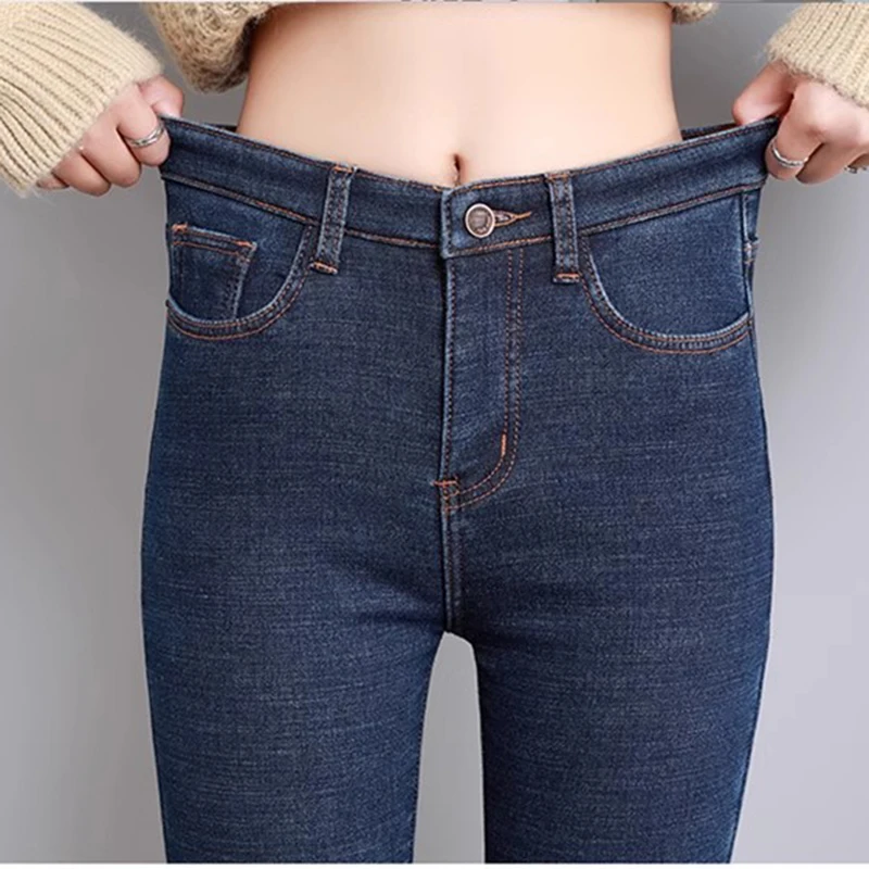 Women Winter Thicken Pencil Jeans Streetwear Warm Plush Velvet Lined Skinny Vaqueros High Wasit Big Size 34 Stretch Denim Pants