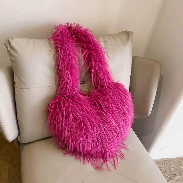 Sweet Cool Girls Long Plush Shoulder Bags Solid Candy Color Female Furry Crossbody Bag Heart Shape Women's Underarm Handbags