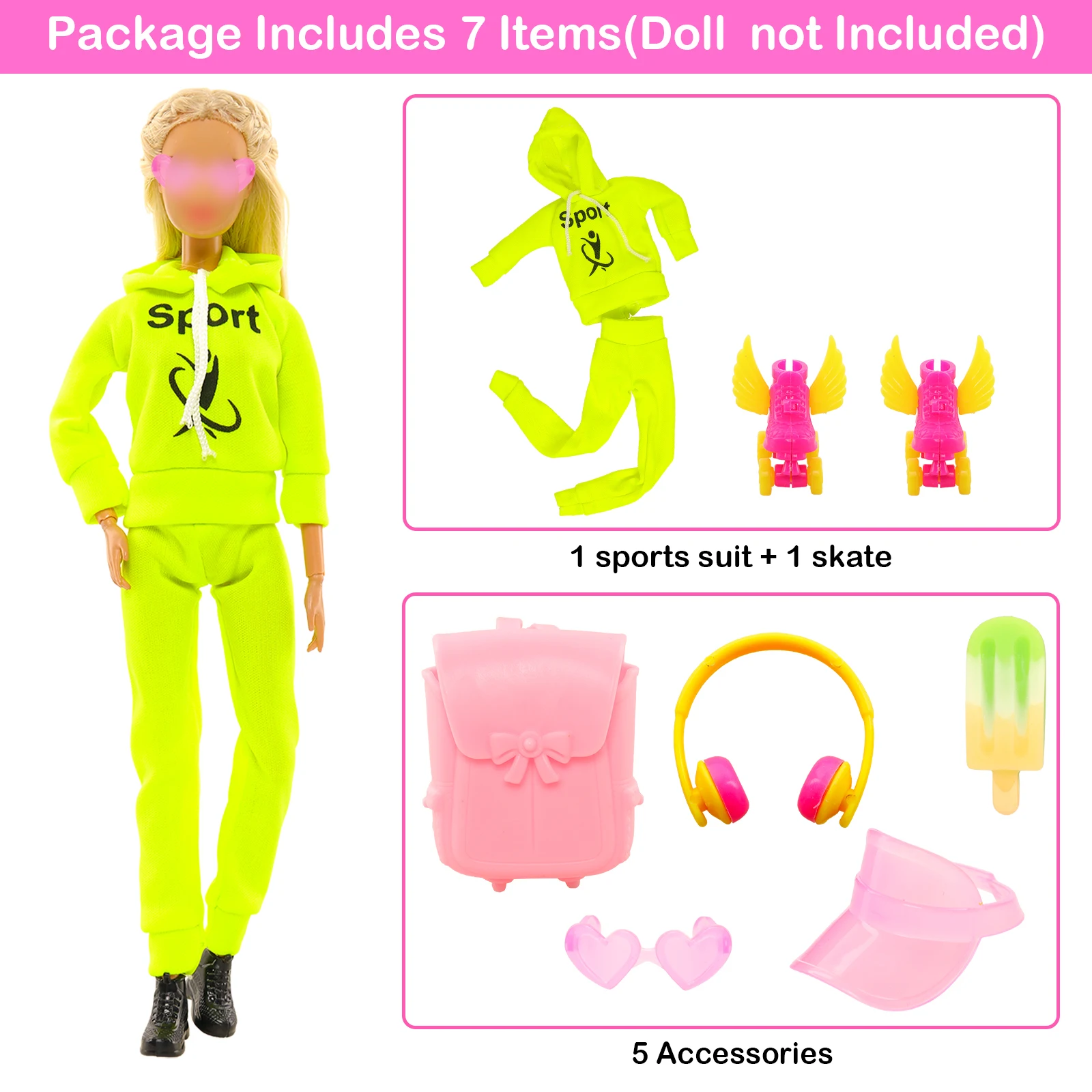 

Barwa Leisure Sports Suit Style for 1/6 For Barbie Doll Clothes Backpack, ice skates, headphones, sun hat Accessories Toys for C