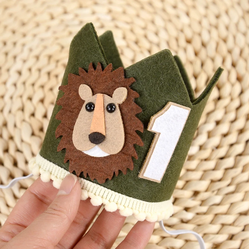 1st Kids Jungle Safari Crown Hat Baby 1 Year Old Birthday Party Lion Headband Wild One Party Decoration Photo Props Baby Shower