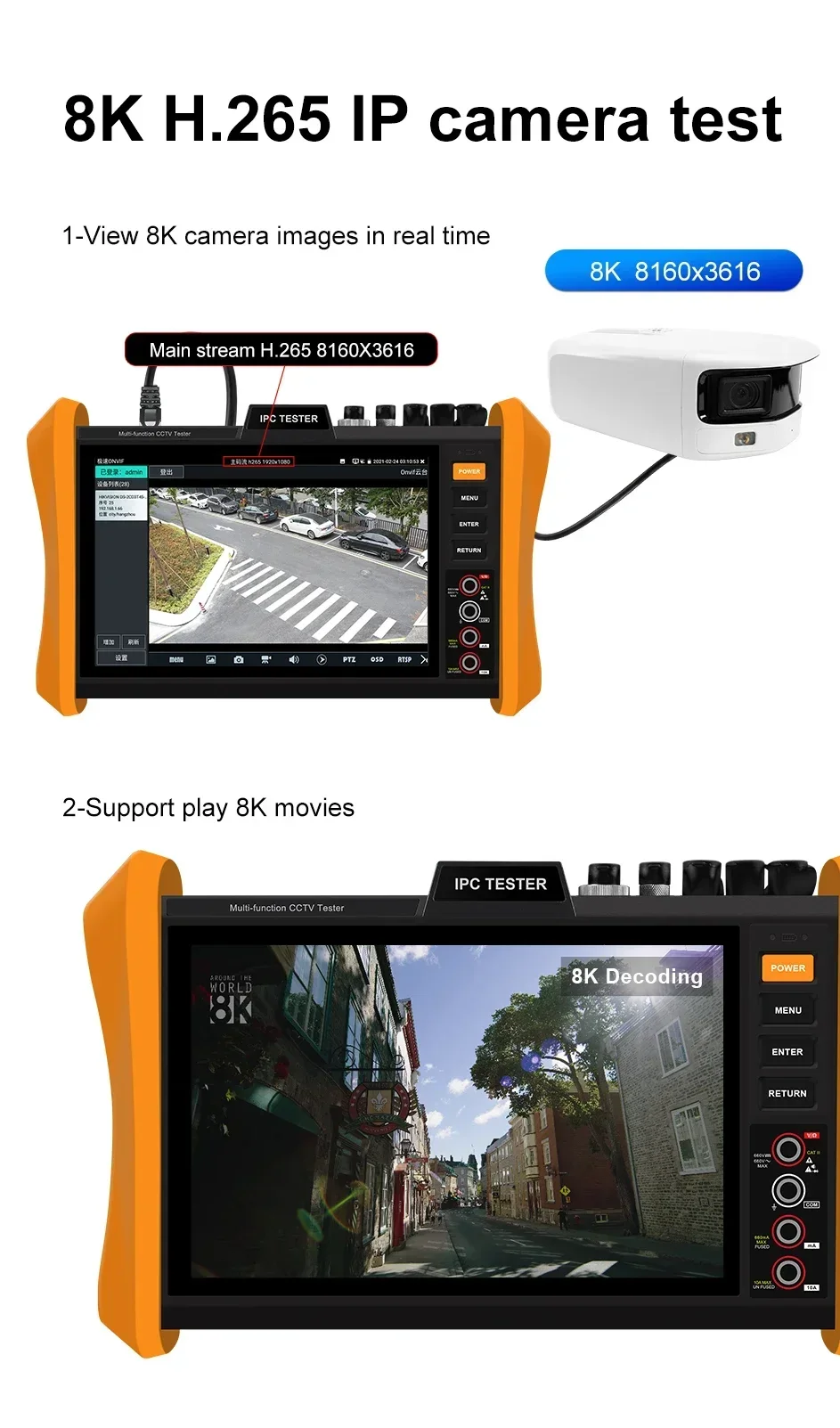Tester CCTV IPC H12-MOVTADHSEF, Tester IP CCTV CFTV CVI / TVI / AHD / HDMI / VGA / SFP / PoE All-in-one 8K H.265 per Telecamere IP - immagine 5