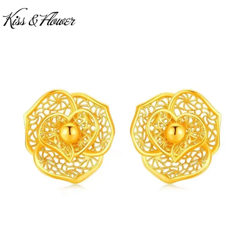 

KISS&FLOWER ER441 Fine Jewelry Party Birthday Wedding Christmas Gift Flower 24KT Gold Stud Earrings for Women Girlfriend Bride