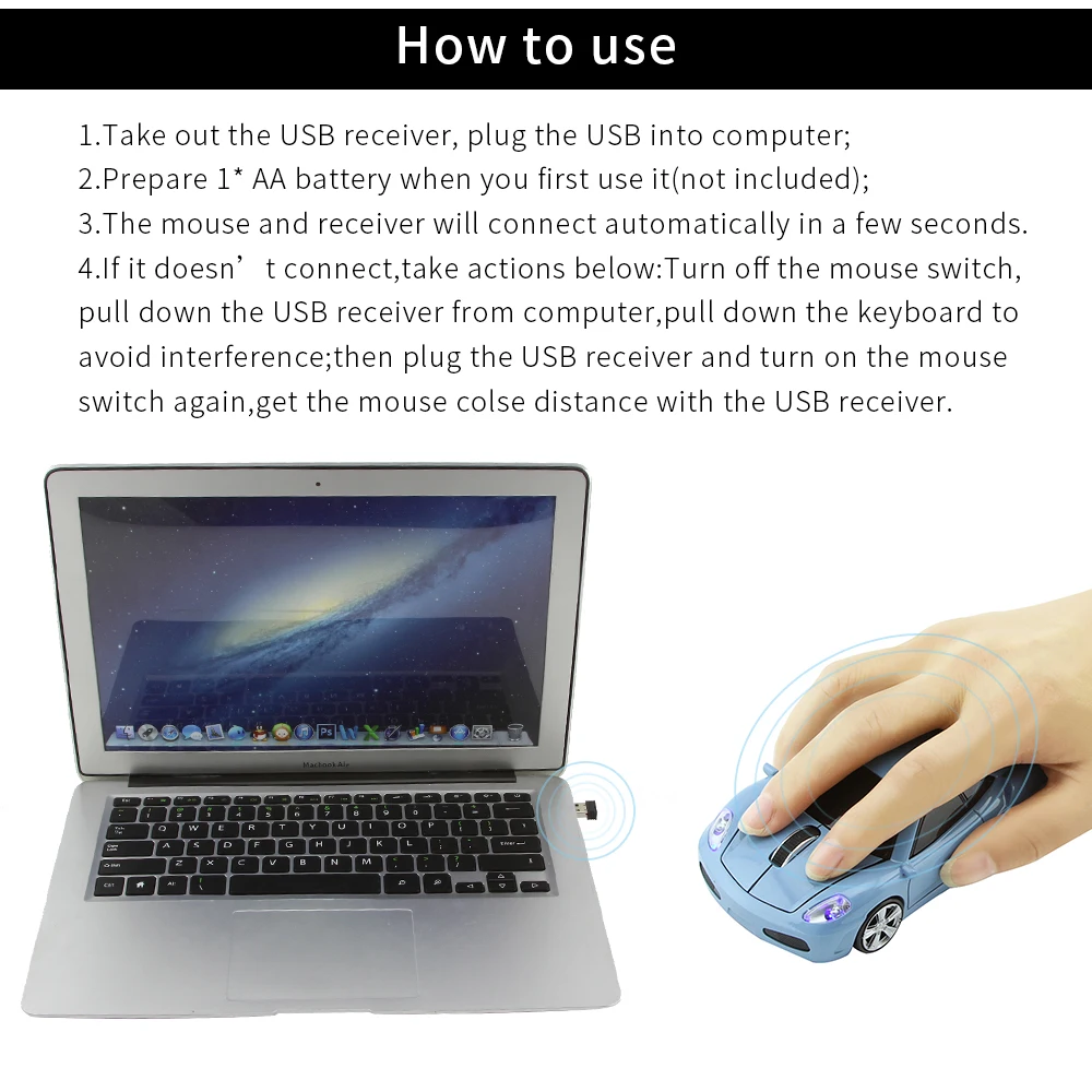 Wireless Ergonomic Car-Shaped Optical Mouse with Blue LED Light