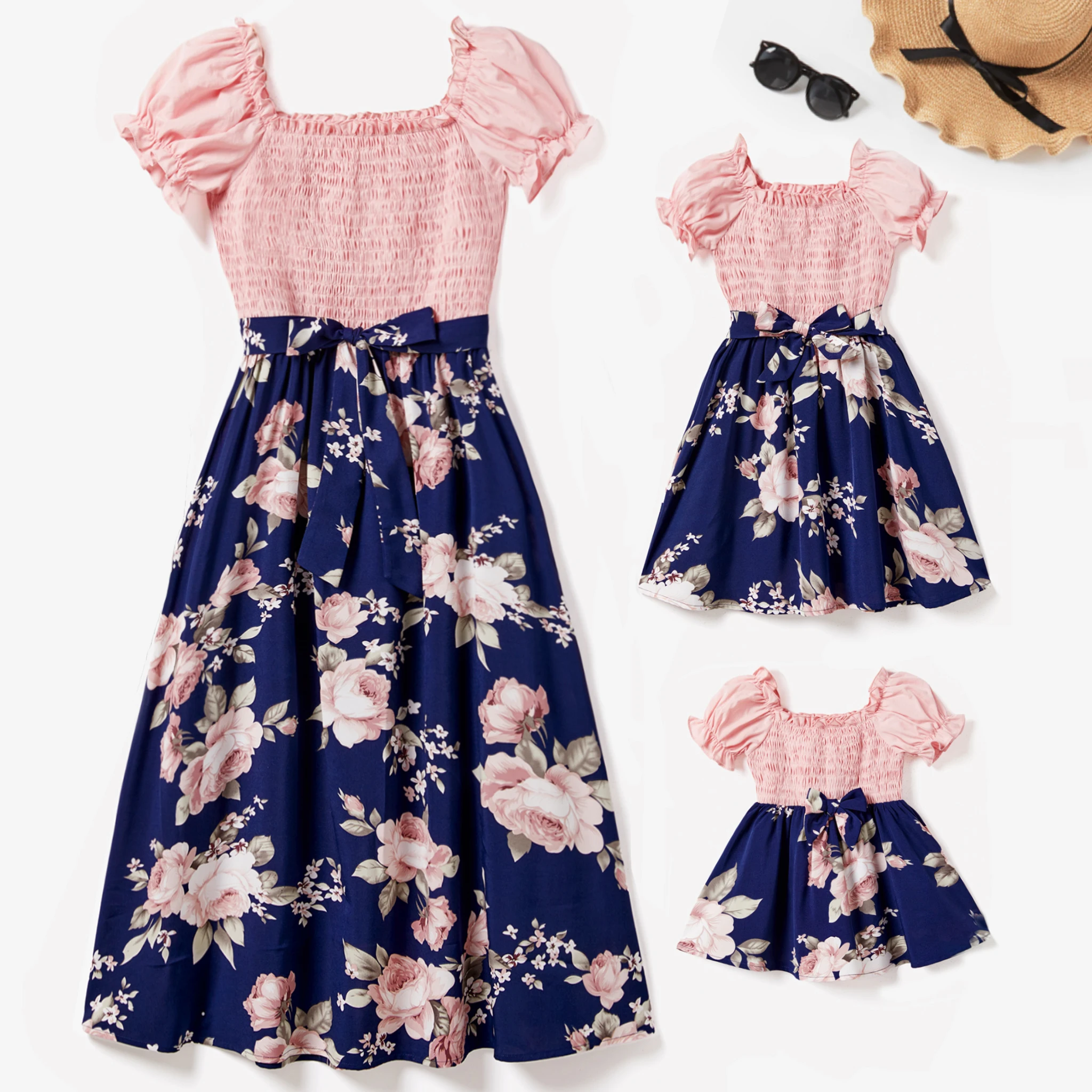 PatPat Mommy and Me Shirred Bodice Puff Sleeve Floral Dresses