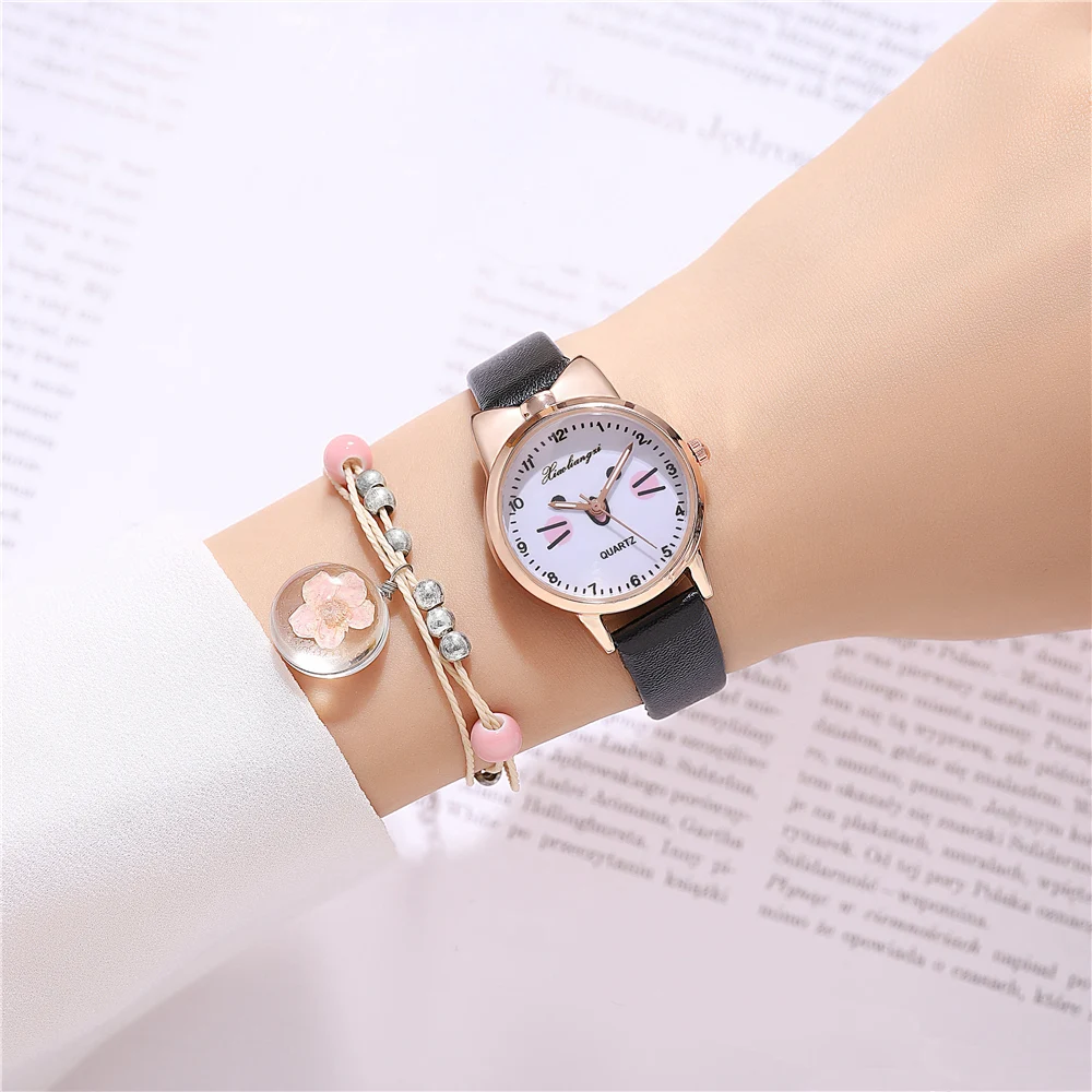 Personalized Cat Pu Leather Children's watch 3 Colors Cartoon Wristwatch For Student Girls Gift With Bracelet 4