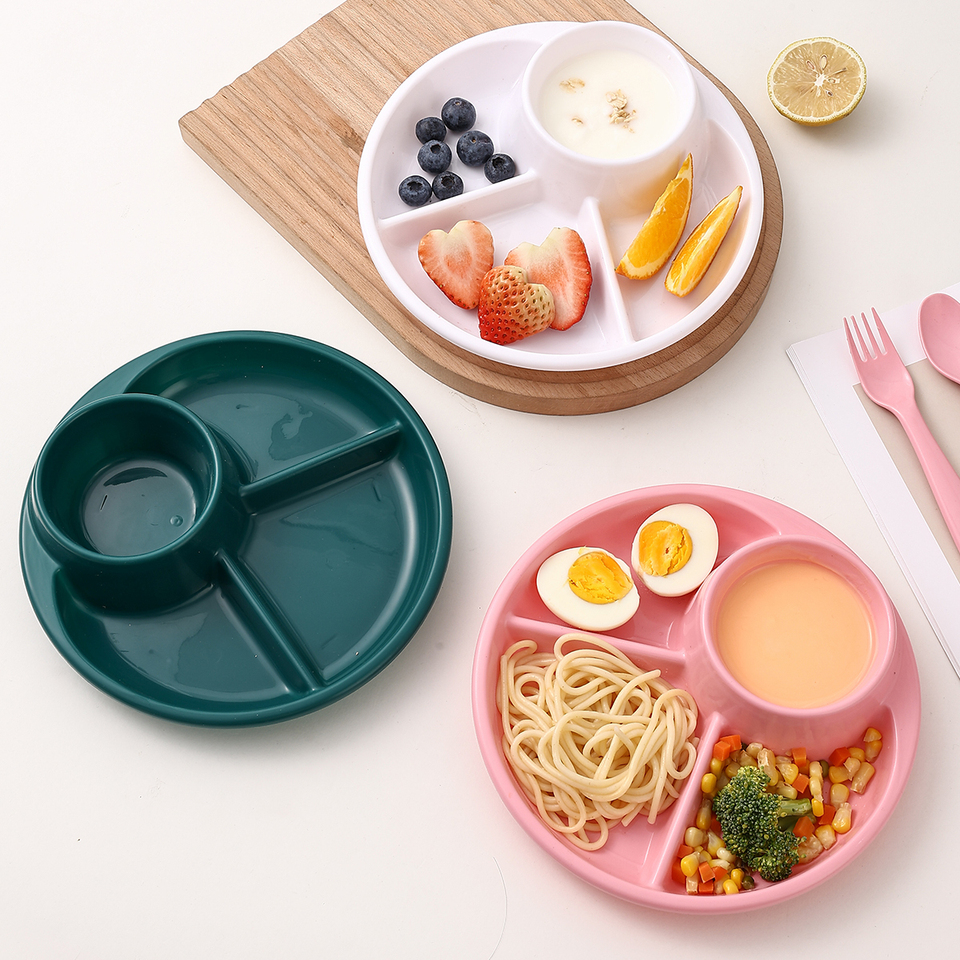 WORTHBUY 4-Compartment Round Plastic Dinner Plate With Fork Spoon Microwave Safe Fruit Salad Plates Dish For Women Control Diet