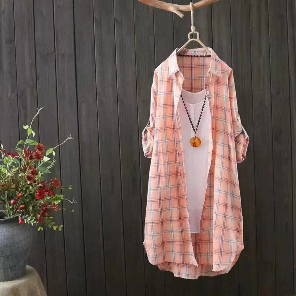 

Soft Plaid Shirt Coat Plaid Print Lapel Shirt Coat for Women Long Sleeve Mid-length Outwear with Single Breasted Design Spring