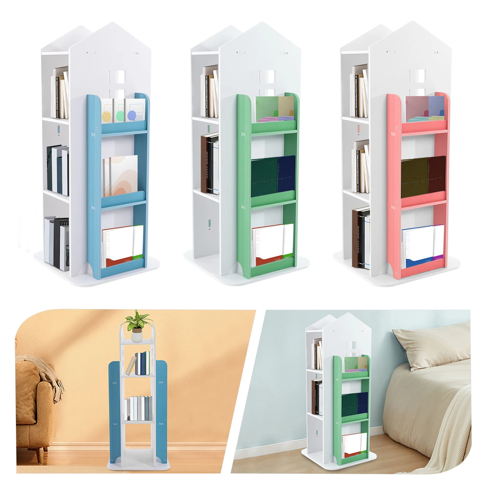 360&deg; Rotating Bookcase, Creative Castle Children's Bookshelf, Rotating Corner Floor Shelf Bookcase