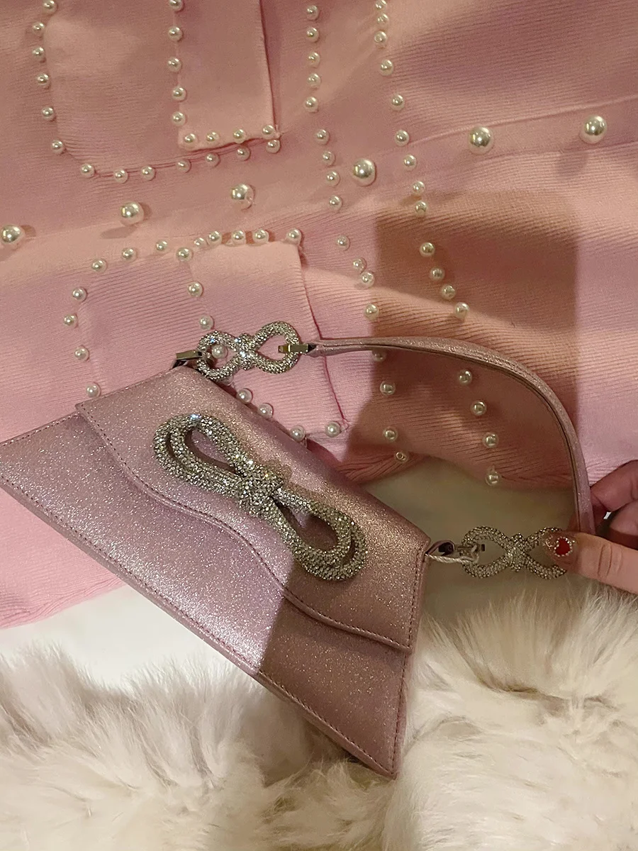 

Rhinestones Double Bow Evening Bag Women Designer Shoulder Vintage Diamond Party Small Flap Purse Totes Handbag 2022 New Pink