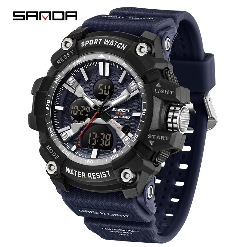 Dual Display Fashion Electronic Men's Watch - Multifunctional Luminous Sport Chronograph with Calendar and Stopwatch