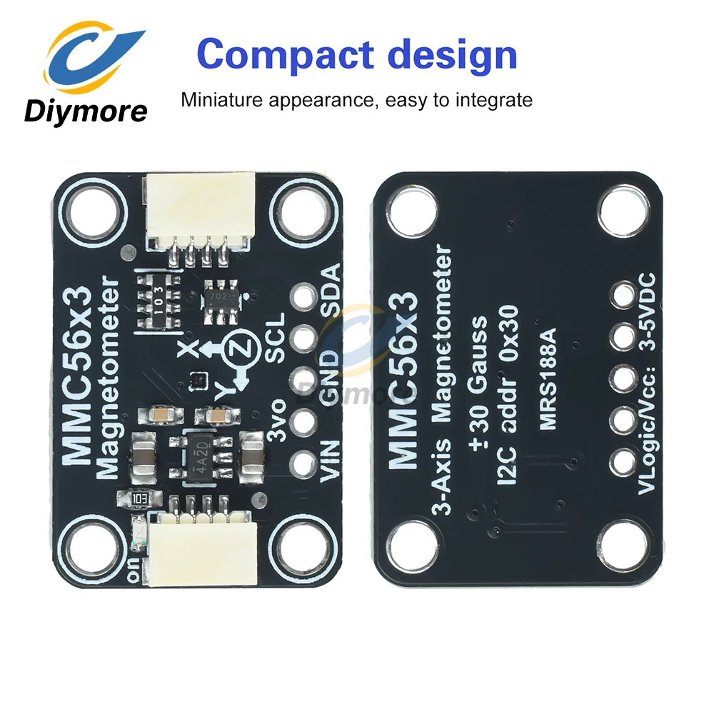 Vue de dessus du module boussole MMC5603 haute précision 20 bits, avec ses broches et connecteurs I2C visibles.