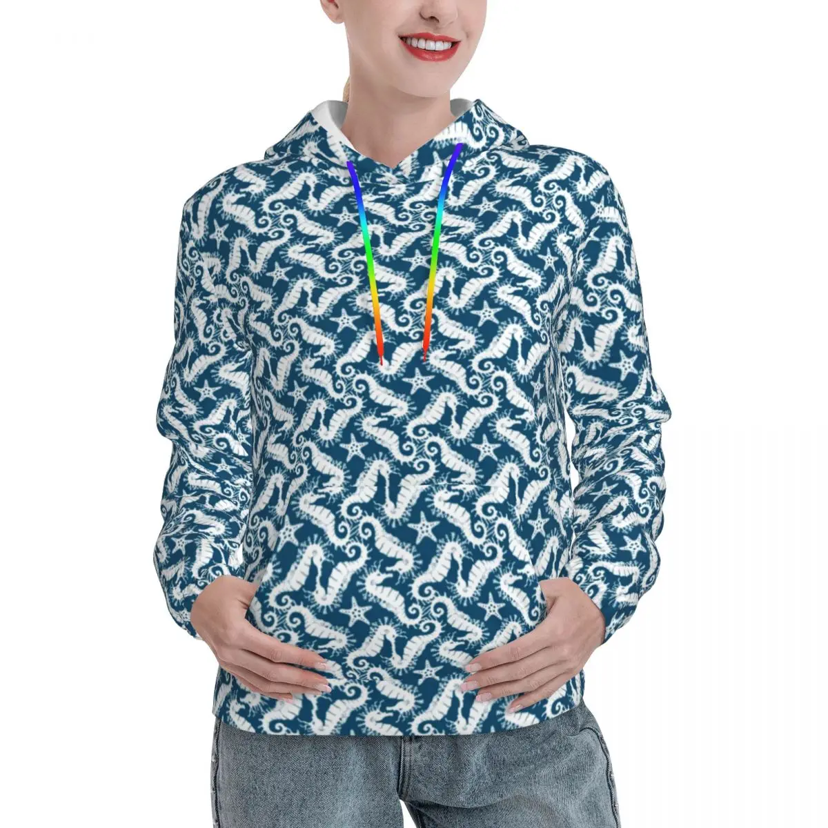 

Animal Silhouette Loose Hoodies Couple Blue Sealife Print Street Style Pullover Hoodie Winter y2k Cool Custom Hooded Sweatshirts