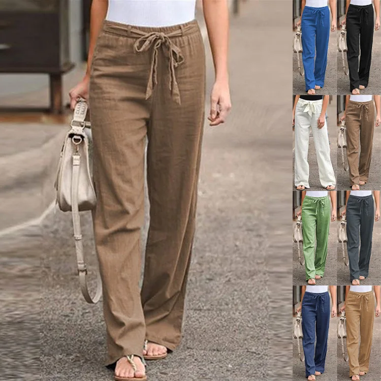 Women Pants Cotton Linen Solid Color Elastic Loose Drawstring Wide-Leg High Waist Trousers Stretch Straight Casual