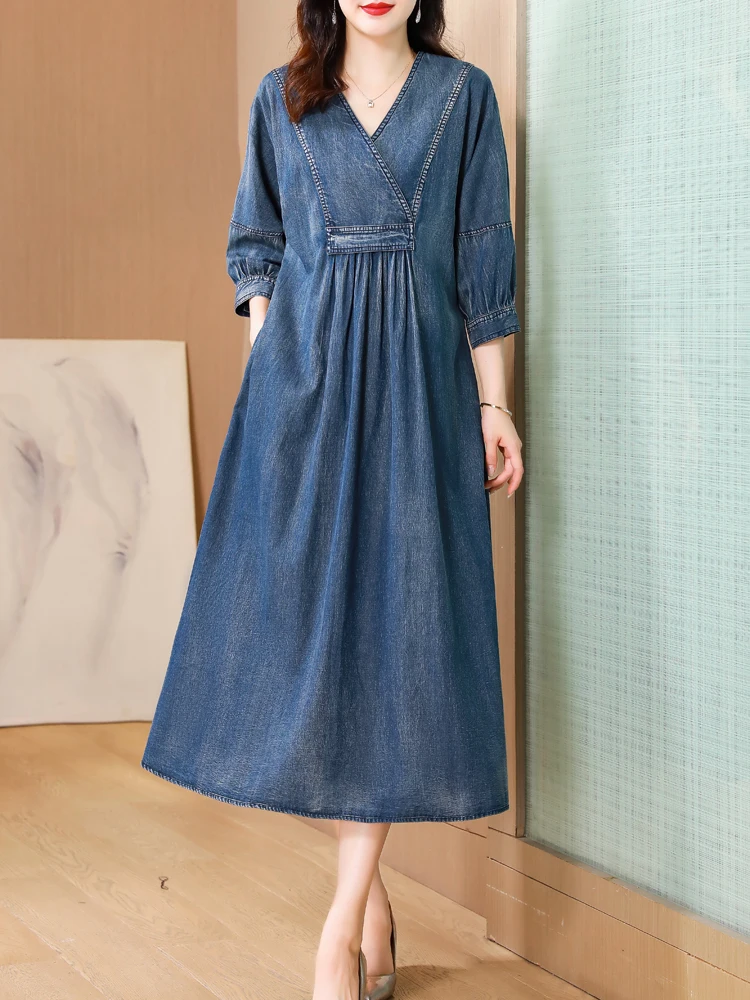 

TIYIHAILEY 2023 New Free Shipping Vintage Women Long Mid-Calf Spring Autumn Denim 3/4 Sleeve Simple High Waist Jeans Dress