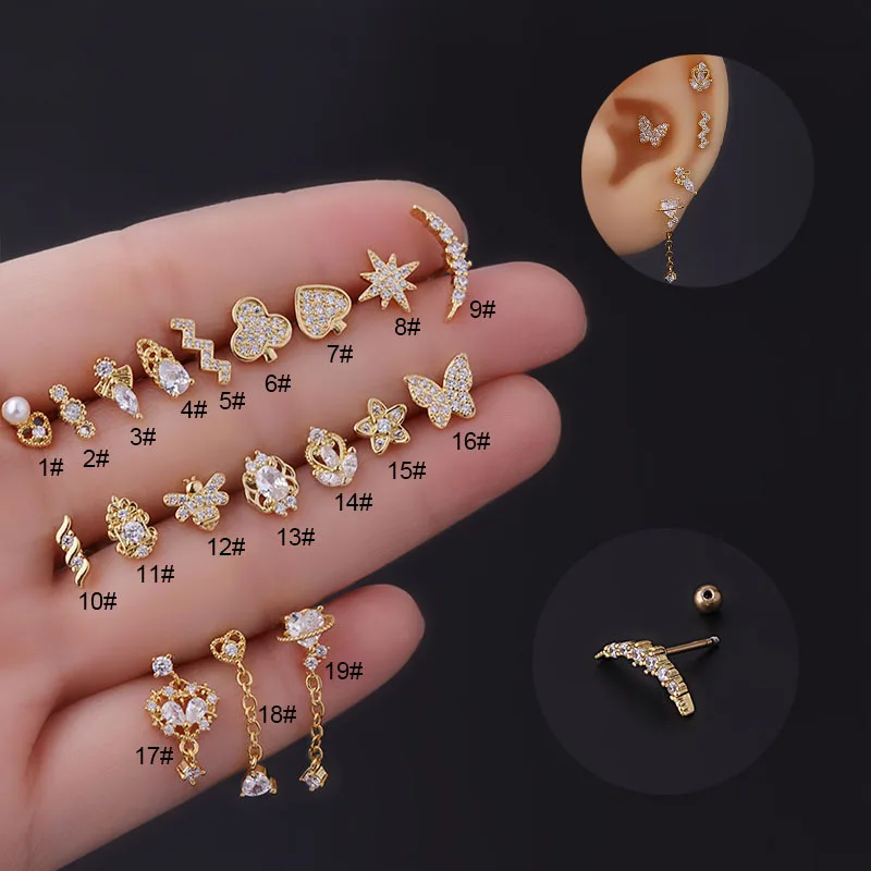 

1Piece 20G Stainless Steel CZ Dangle Cartilage Earrings Heart Butterfly Conch Tragus Helix Snug Screw Back Stud Piercing Jewelry