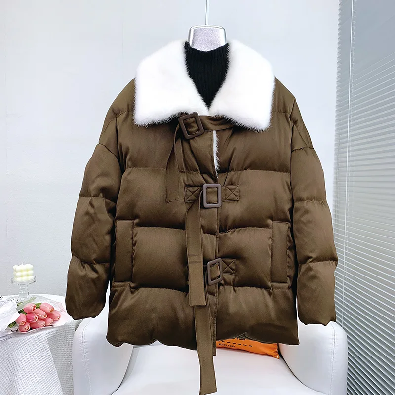 

Women Lady Mink Fur Collar Warm Coat Female Girl Duck Down Jacket Winter Parka Overcoat JT3207