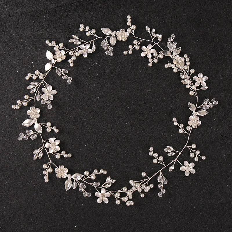 Slbridal handgemachte Legierung Blumen blatt Strass Perlen Braut Stirnband Hochzeit lange Kopf bedeckungen Brautjungfern Frauen Haarschmuck – Detail 12