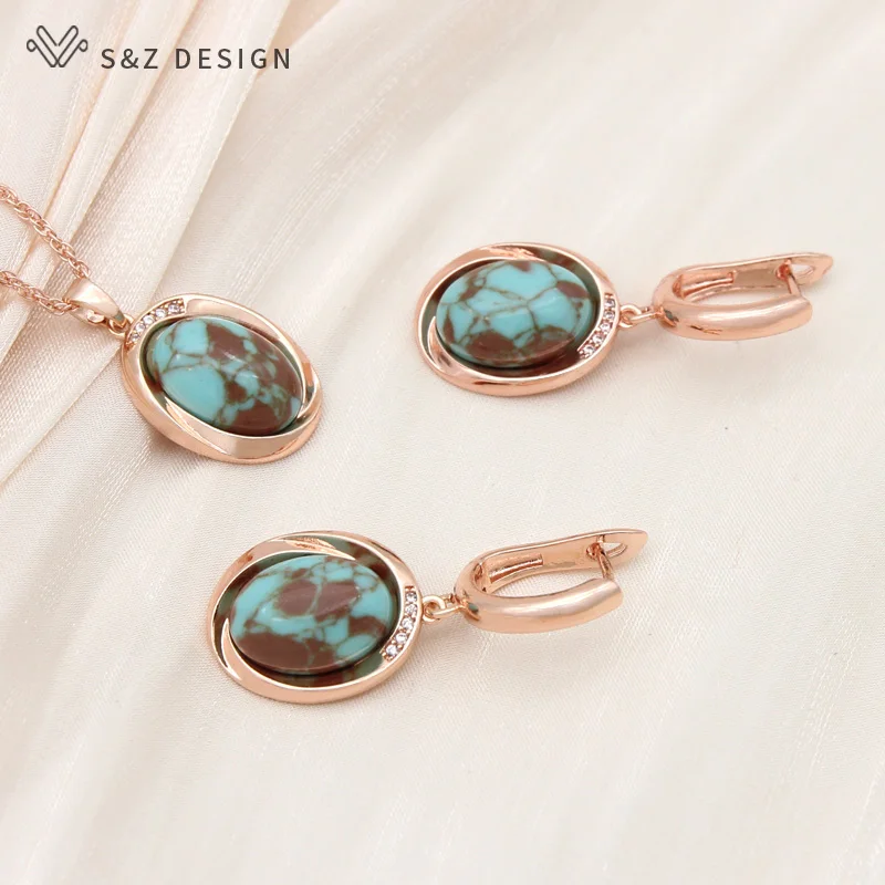 S&Z DESIGN New 585 Rose Gold Color Egg Shape Synthetic Turquoises Drop Earrings Jewelry Sets For Women Wedding Pendant Necklace