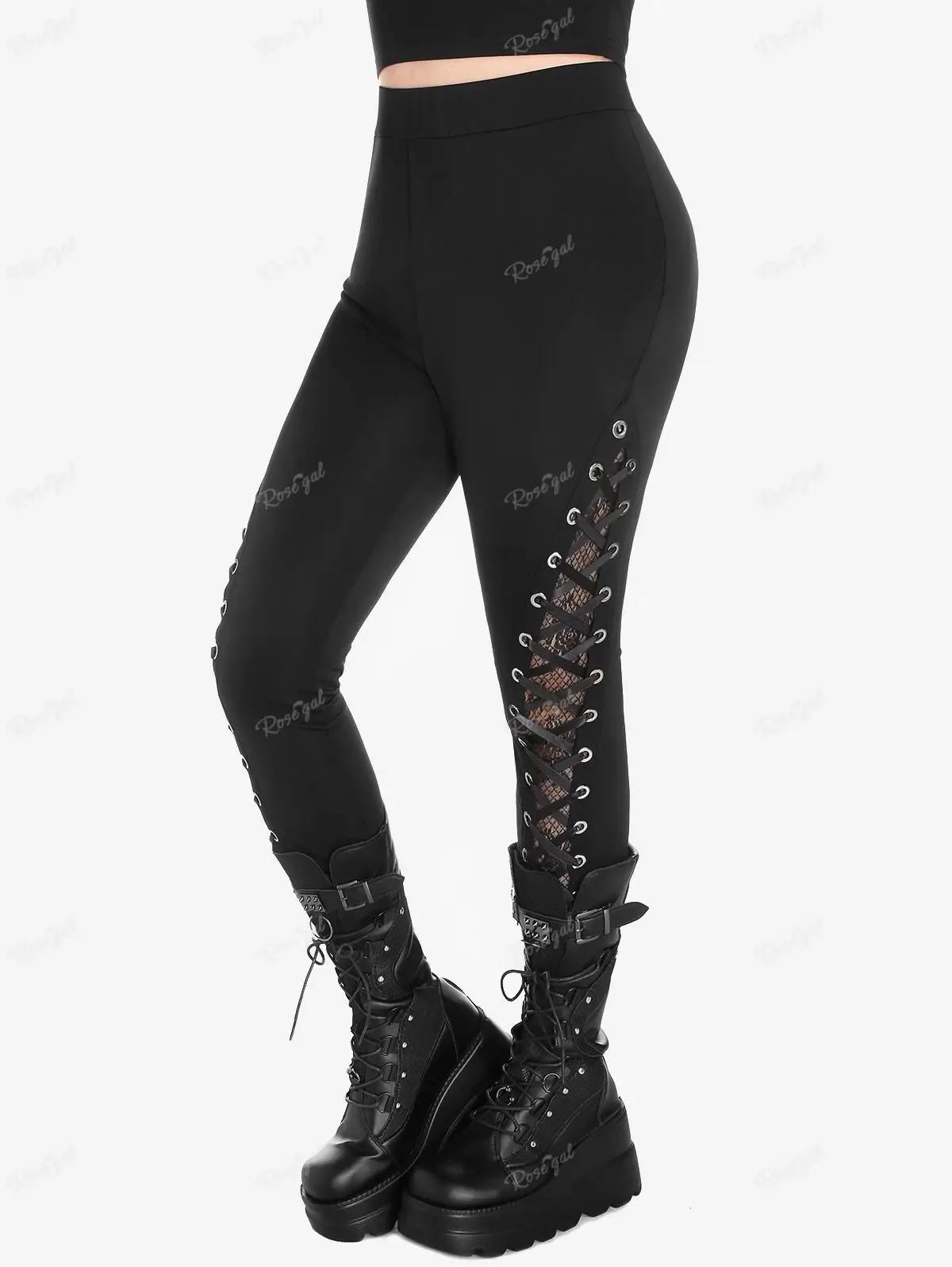 ROSEGAL Plus Size Gothic Colorblock Mesh Overlay Lace-up Zippered