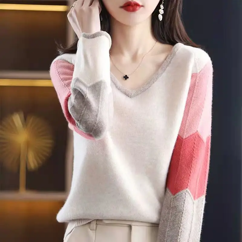 

Streetwear Fashion Warm Wool Knit Sweaters Autumn Winter Loose Casual Long Sleeve V-Neck Panelled Y2K 4XL Woman Pullover Jumpers