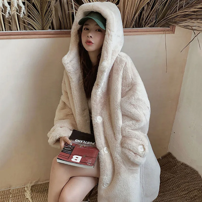 Hooded Solid Women's Plush Coat Single-breasted Furry Jackets Loose Casual Faux Fur Coats Winter Warm Fluffy Overcoat with Hood