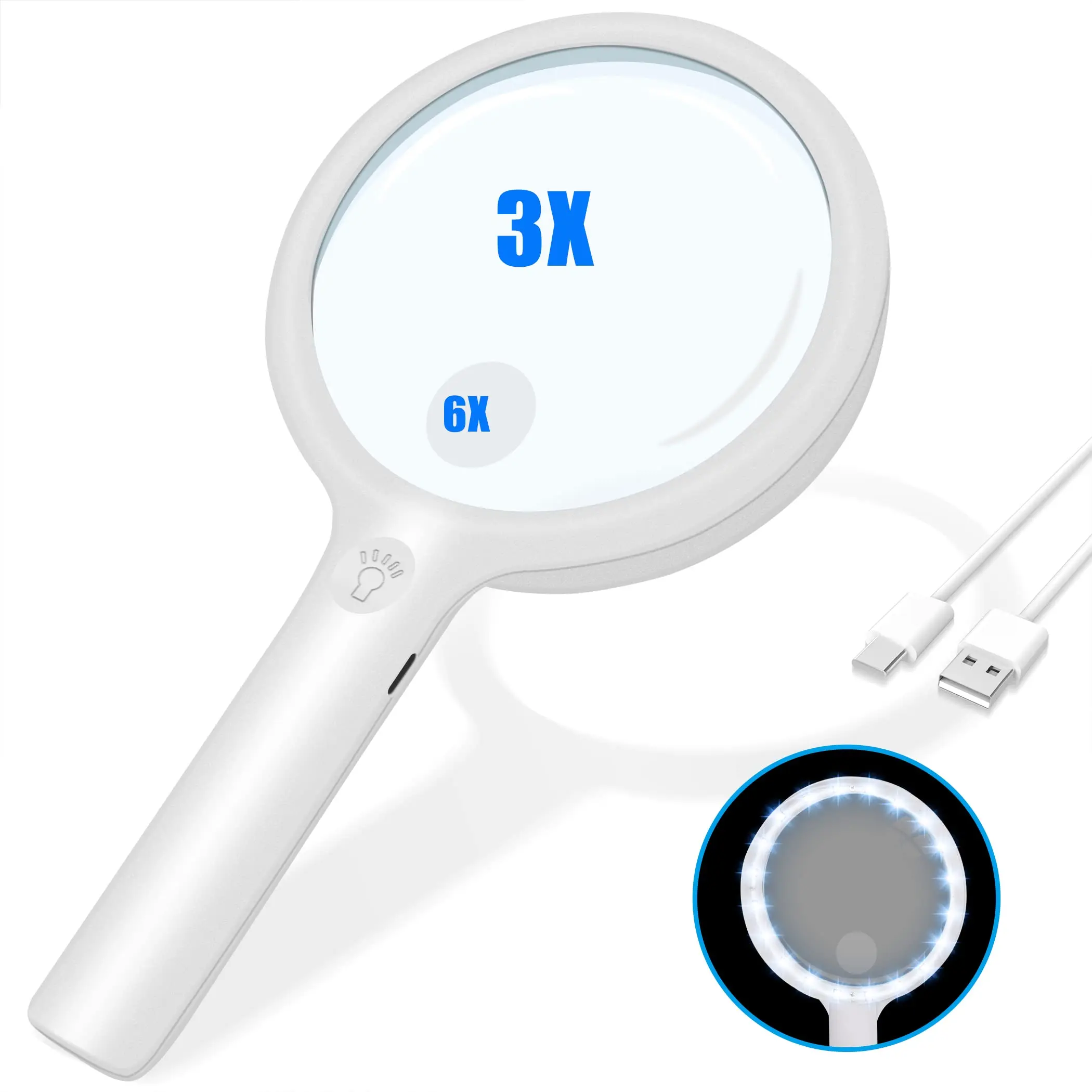 

3X 6X Handheld Magnifying Glass with Light Illuminated USB Rechargeable Magnifier 3 Light Modes Large Lens Seniors Reading Loupe