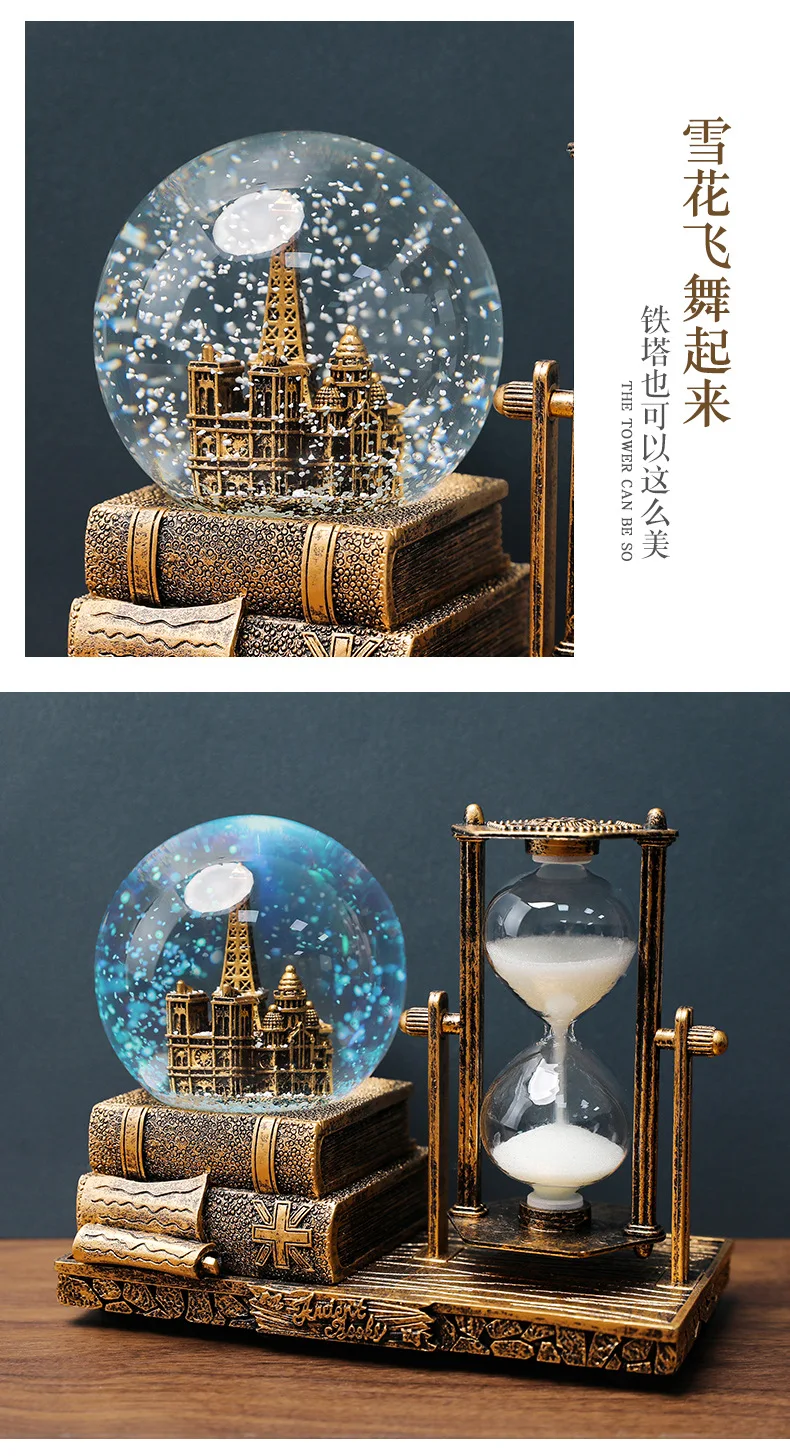 Vintage Iron Tower Hourglass Timer Crystal Ball Music Box Luminous Desktop Decoration Student Graduation Christmas Gift