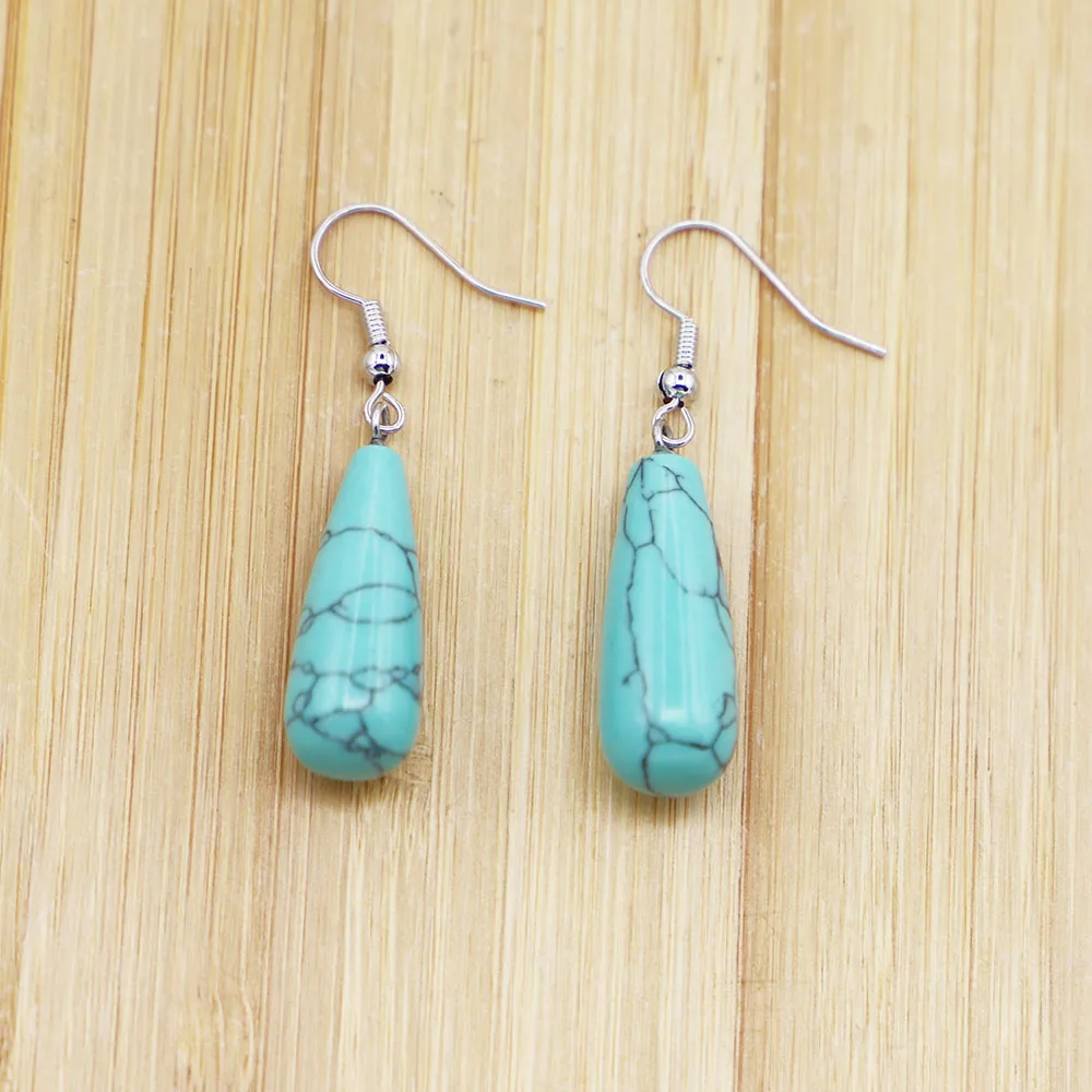 Natural Stone Turquoise Round Water Drop Earrings Pendants Dangle Fashion Charms DIY Necklace Women Party Wedding Jewelry 6Pair