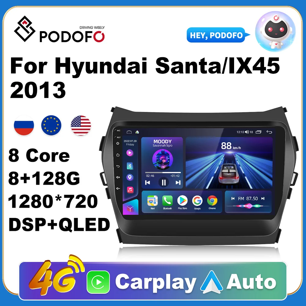 

Podofo AI Voice Android Carplay Car Radio For Hyundai Santa/IX45 2013 2din Android Auto 4G Multimedia GPS autoradio DSP