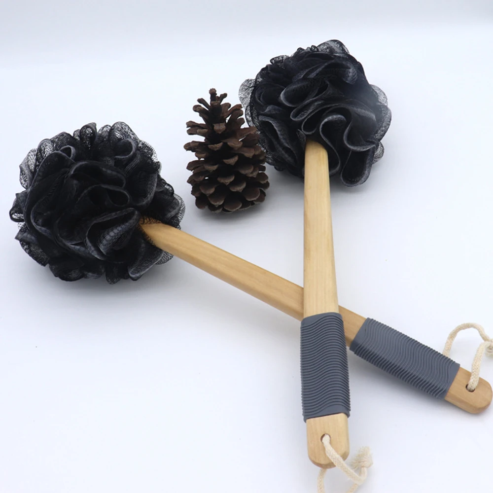 Black Bamboo Bath Loofah Sponge Body Scrubber Long Handle Wooden Bath Brush Mesh Foaming Ball Skin Clean Tool Bathroom Accessory 4