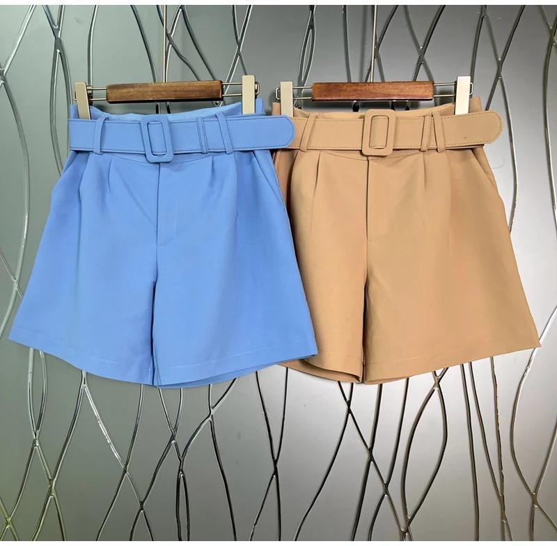 

2023 Spring Fashion Shorts High Quality Women Belt Deco Wide Leg Casual Khaki Blue Shorts Ladies Wide Leg Basic Shorts Clothing