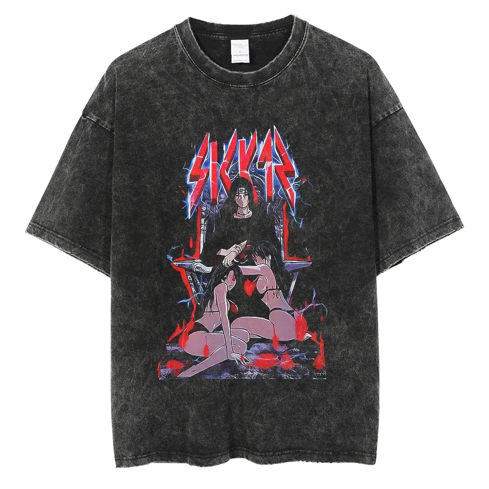 

Men Streetwear Tshirt Retro Washed Black Anime Naruto Graphic T-Shirt Cotton T Shirt Summer Hip Hop Tops Tees Vintage T Shirts