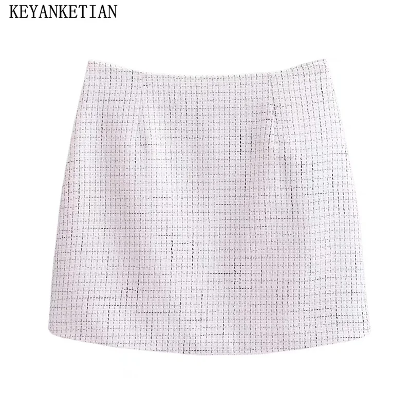 

KEYANKETIAN 2024 New Launch Women's Plaid Tweed Skirt Stylish Elegant Office Lady Slim Zipper High-Waisted A-Line Mini Skirt