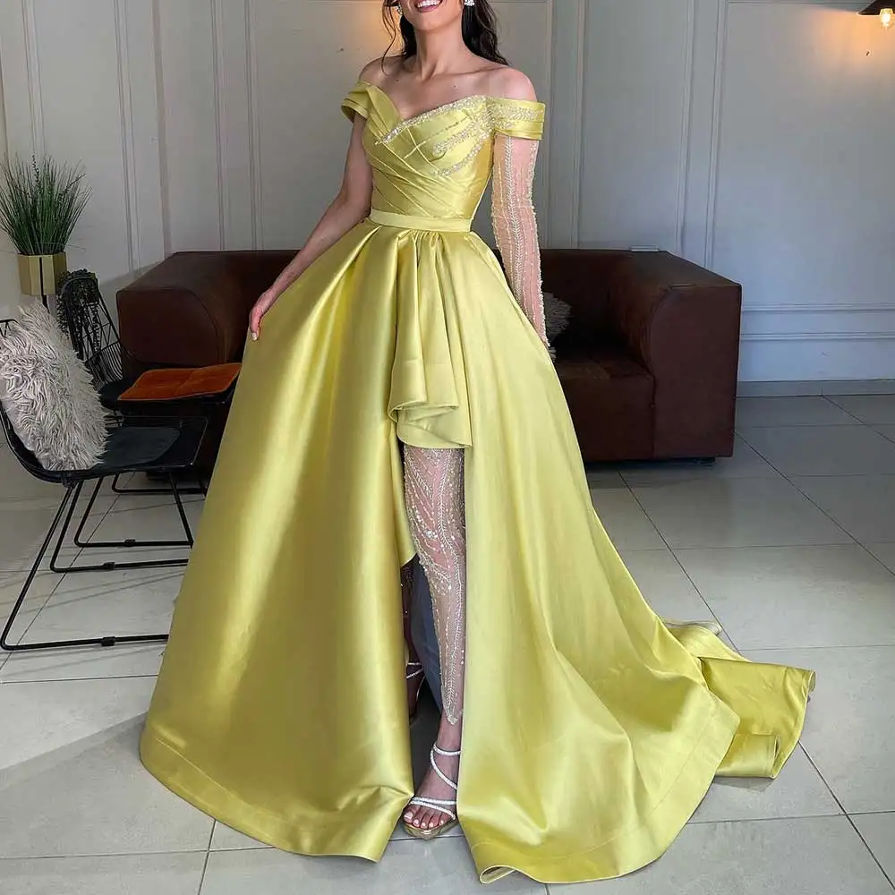 yellow pleated prom dress Pleated Slit Honey Yellow Velvet Strapless Custom Prom Dress