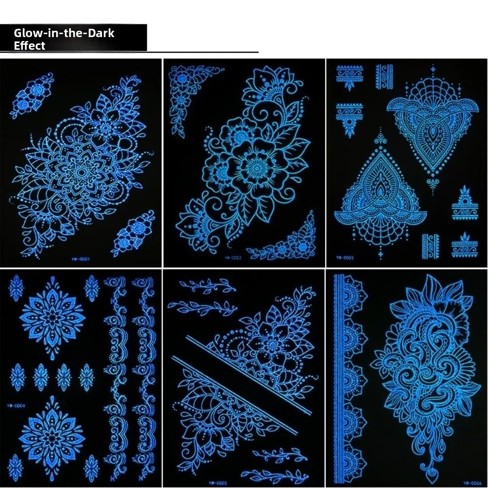 6 Sheets Blue Luminous Henna Tattoo Stickers Lasting Sweatproof Mandala Temporary Tattoos White Body Art Lace Fake Tattoos Arm
