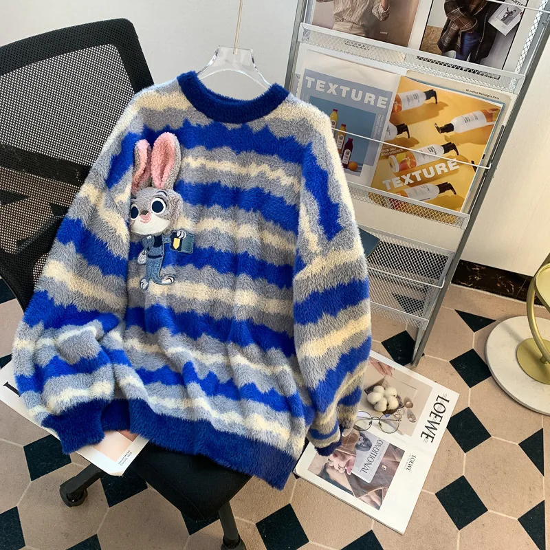 

Hsa Korean Fashion Women stripes cute rabbit loose big sweater for women y2k Clothes autumn and winter outer wear mink fur coat