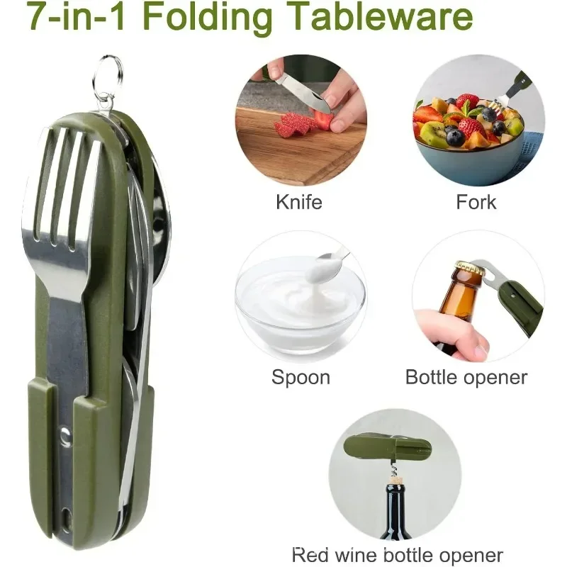 Portable Tableware 7 in 1 Multifunctional Outdoor Stainless Steel Foldable Fork Spoon Knife Picnic Camping Dinnerware