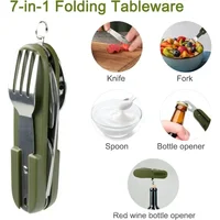 7 in 1 Multifunctional Outdoor Tableware Survival Tools Stainless Steel Foldable Fork Spoon Knife Picnic Camping Dinnerware 1