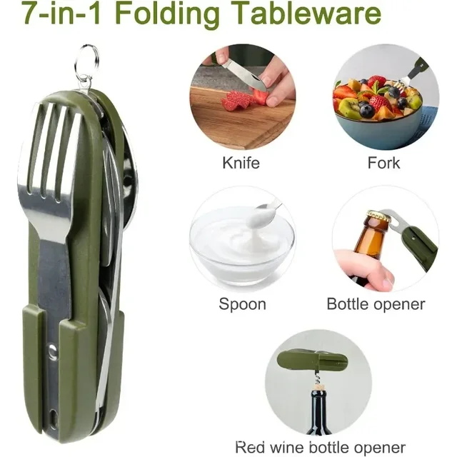 7 in 1 Multifunctional Outdoor Tableware Survival Tools Stainless Steel Foldable Fork Spoon Knife Picnic Camping Dinnerware 1