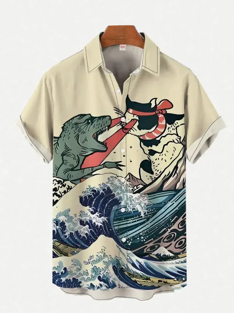 Ancient ink ukiyo-e monster personalized printing short sleeved shirt for men summer lapel shirt street hip-hop